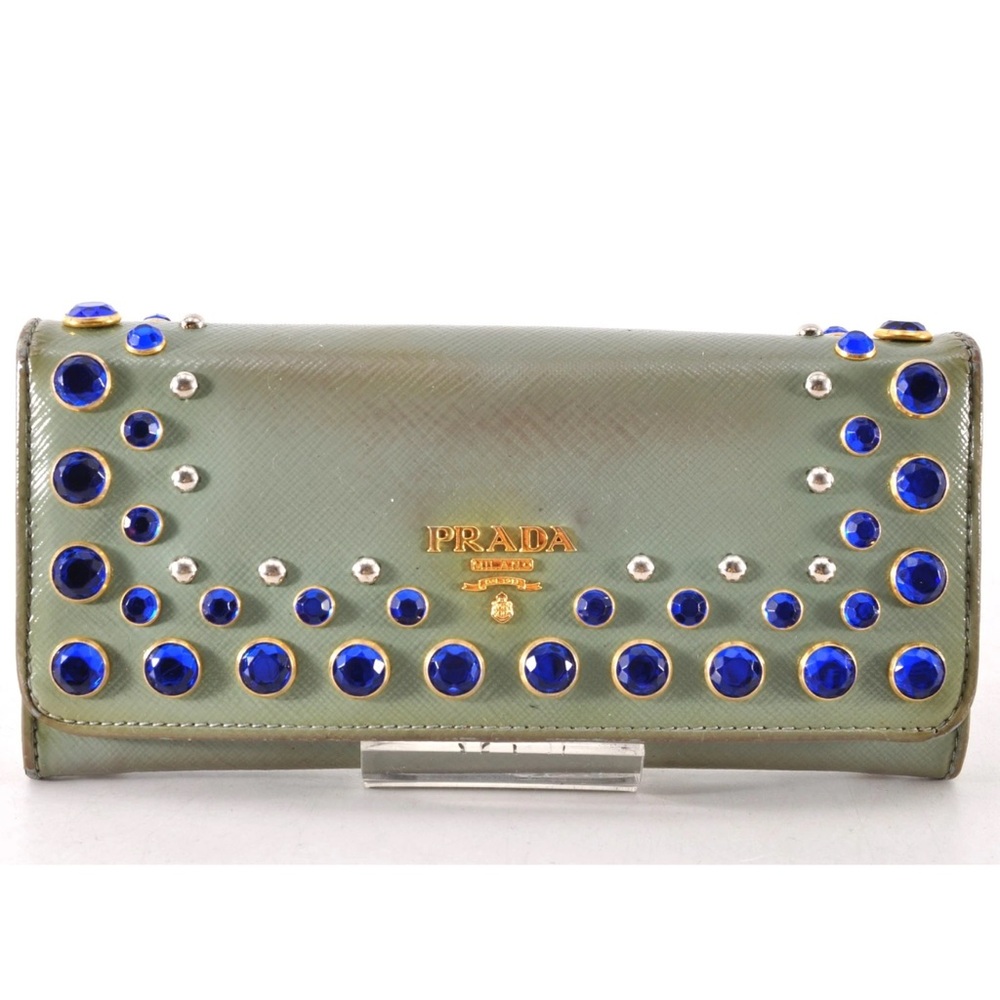PRADA Long Wallet Leather Blue Gold Women Zip Used Authentic 10D6324 - Picture 1 of 15